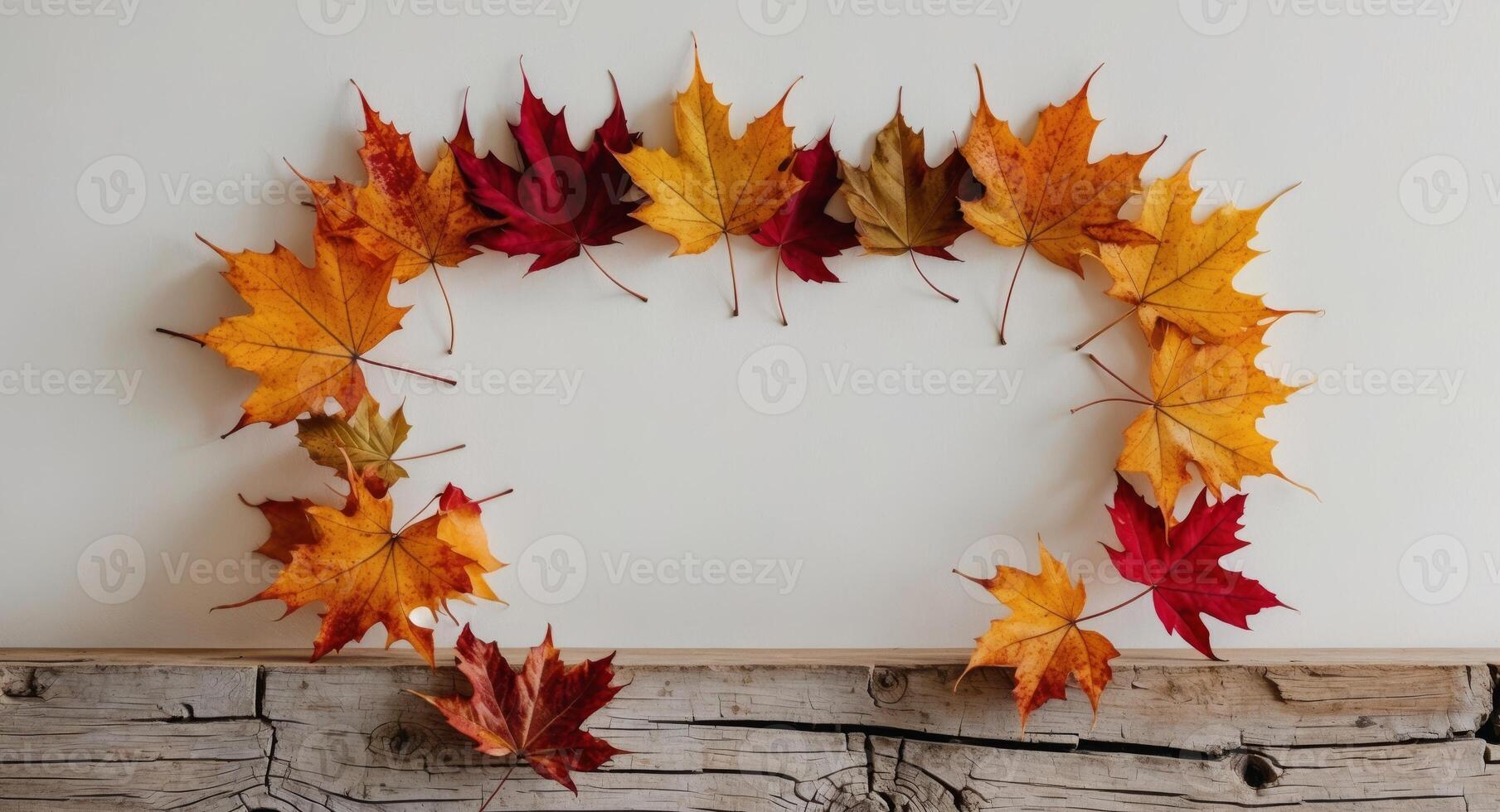 Autumn Leaves Frame a Weathered Wooden Surface. photo