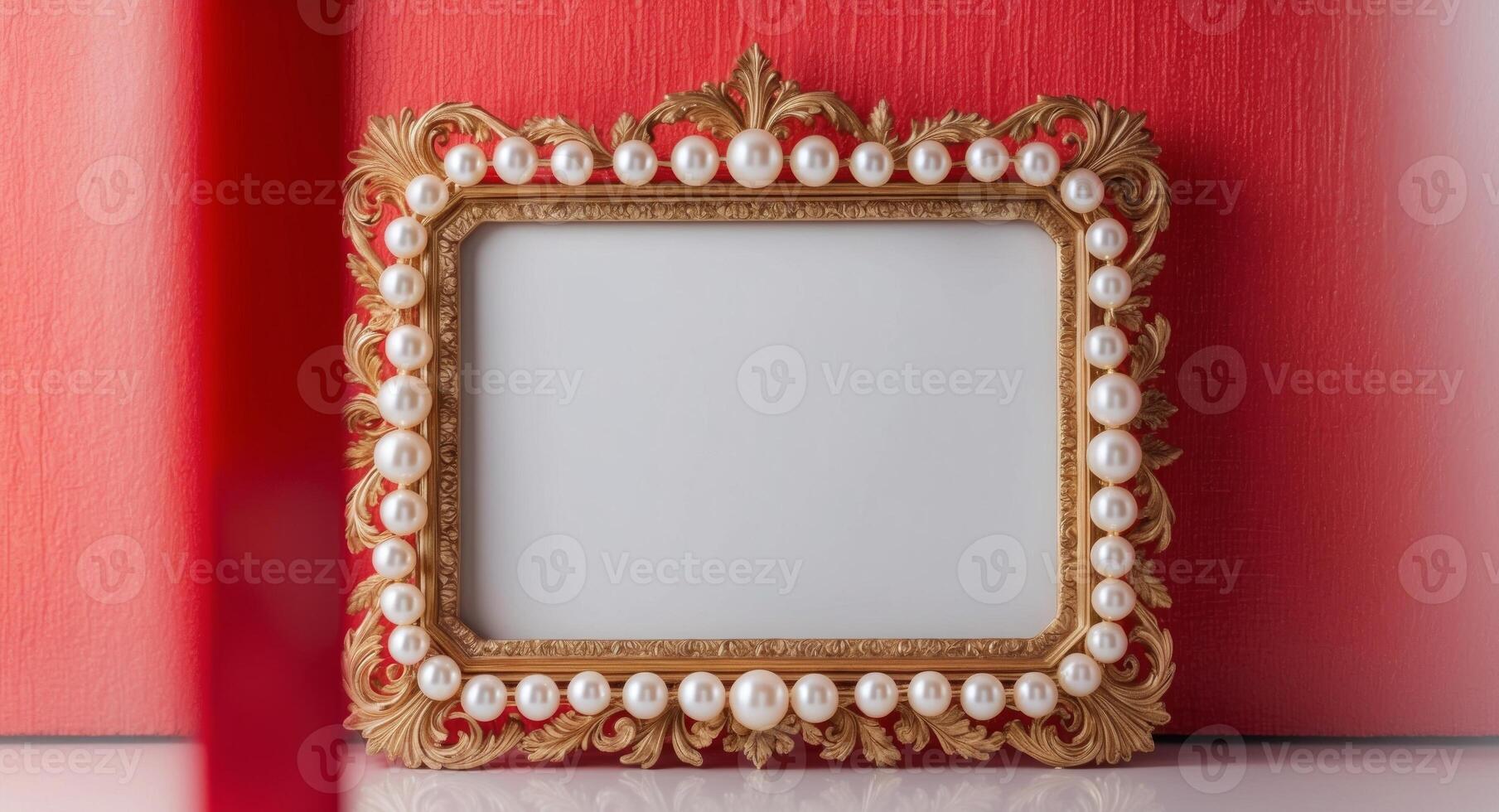 Golden Ornate Frame with Pearls on Red Background. photo