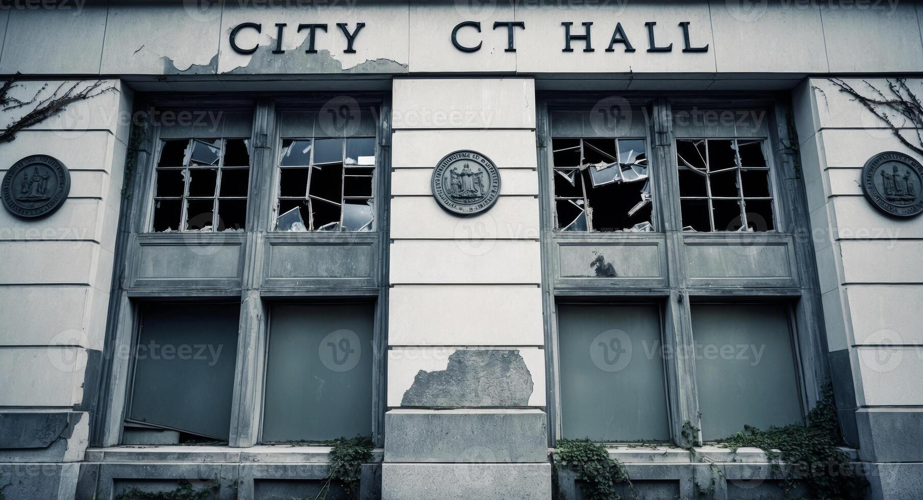 Crumbling city hall with broken windows and faded insignia background echoes of governance now a ghost of former authority. photo