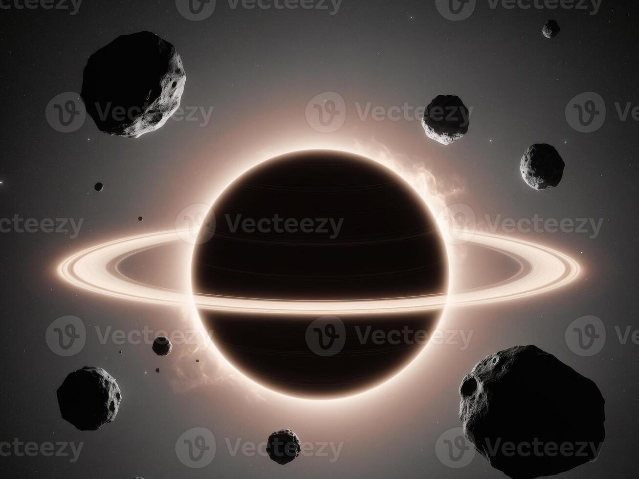Glowing planet with fiery rings and surrounding asteroids. photo