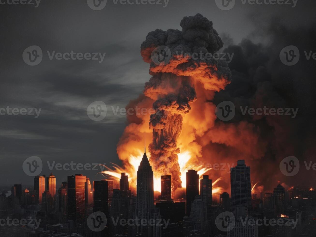 Explosive Dusk Dramatic Cityscape Engulfed in Fiery Detonation. photo