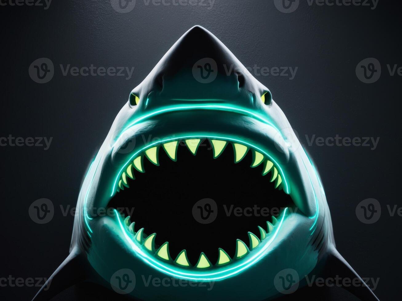 Glowing neon shark opening its jaws on dark background. photo