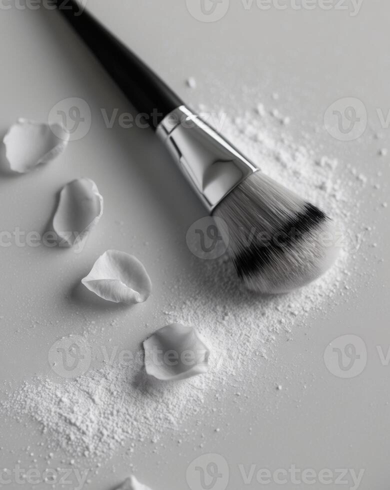 Makeup brush with scattered powder and rose petals. photo