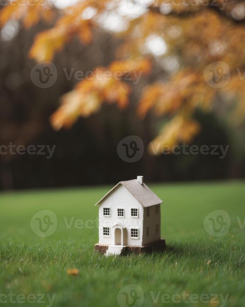 Miniature house on green grass with autumn trees in the background. photo