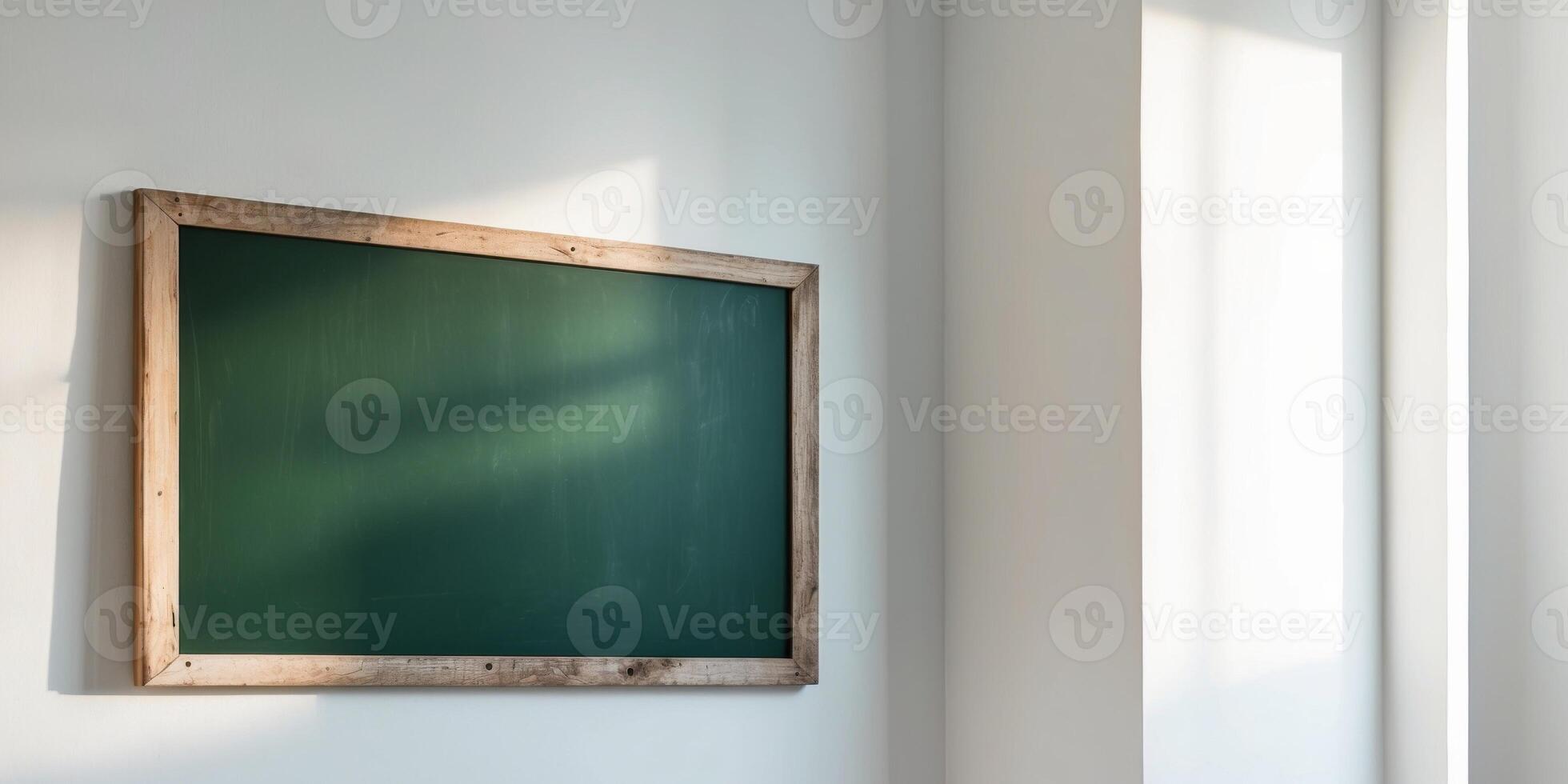Empty Green Chalkboard with Wooden Frame on a White Wall. photo