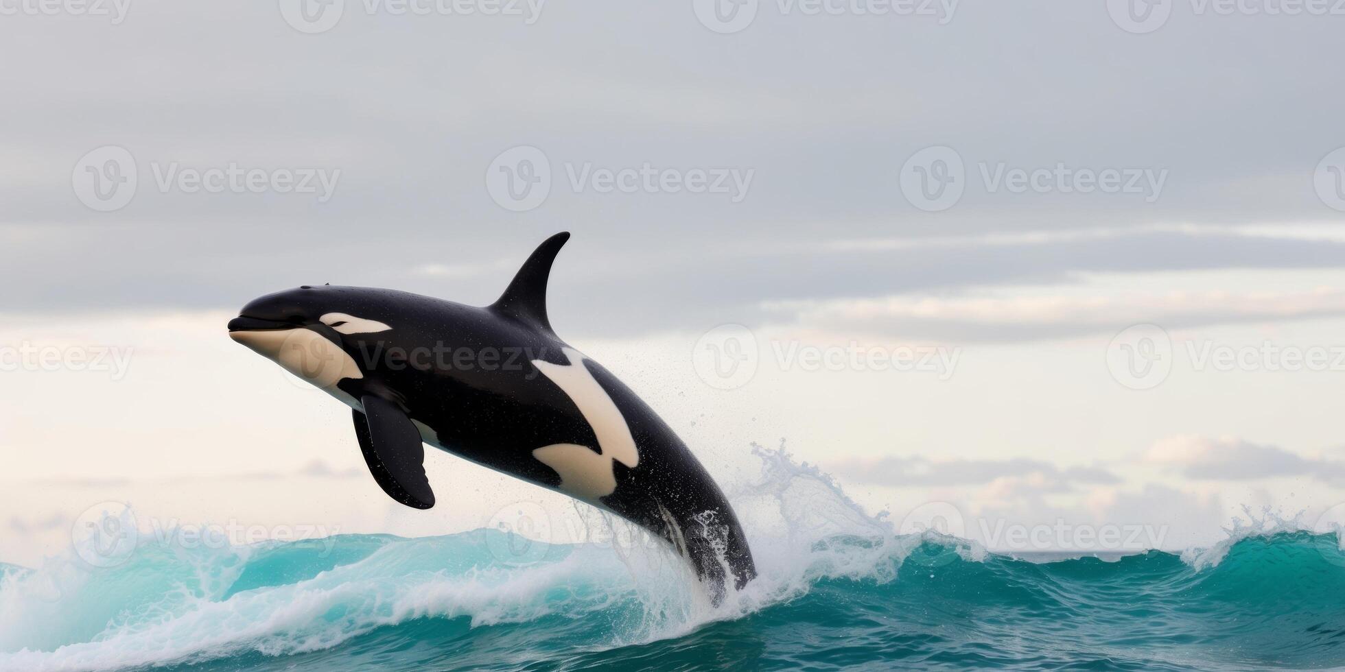 Orca Leaping from the Ocean Waves Under a Cloudy Sky. photo