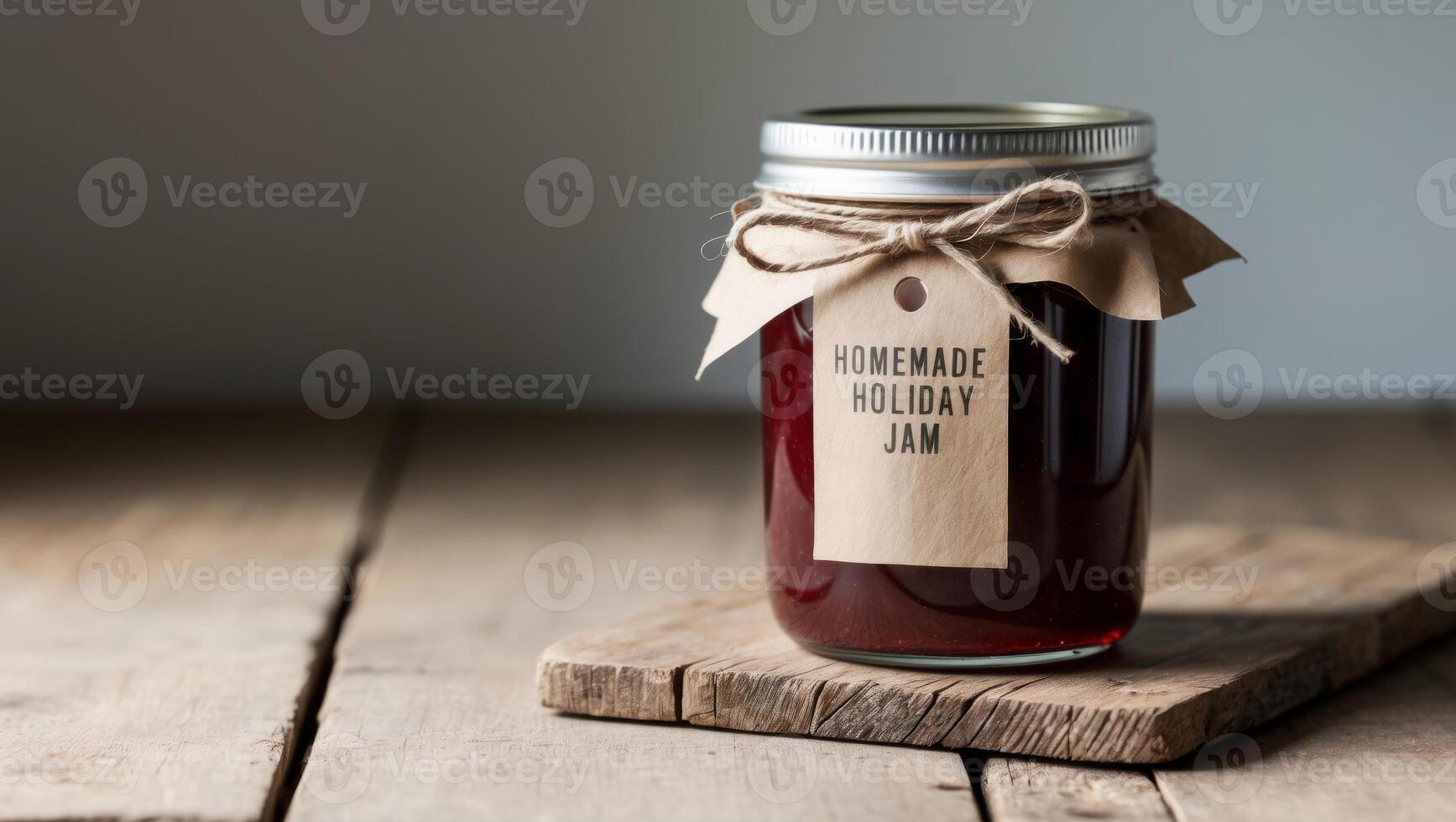 Homemade Holiday Jam in a Jar With Kraft Label and Twine Bow on a Wooden Counter. photo