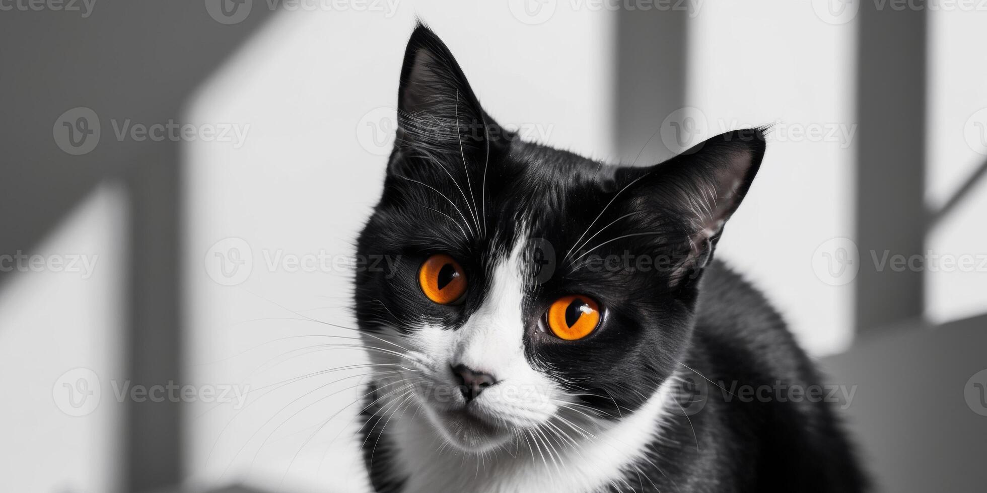 Curious Black and White Cat with Bright Orange Eyes. photo