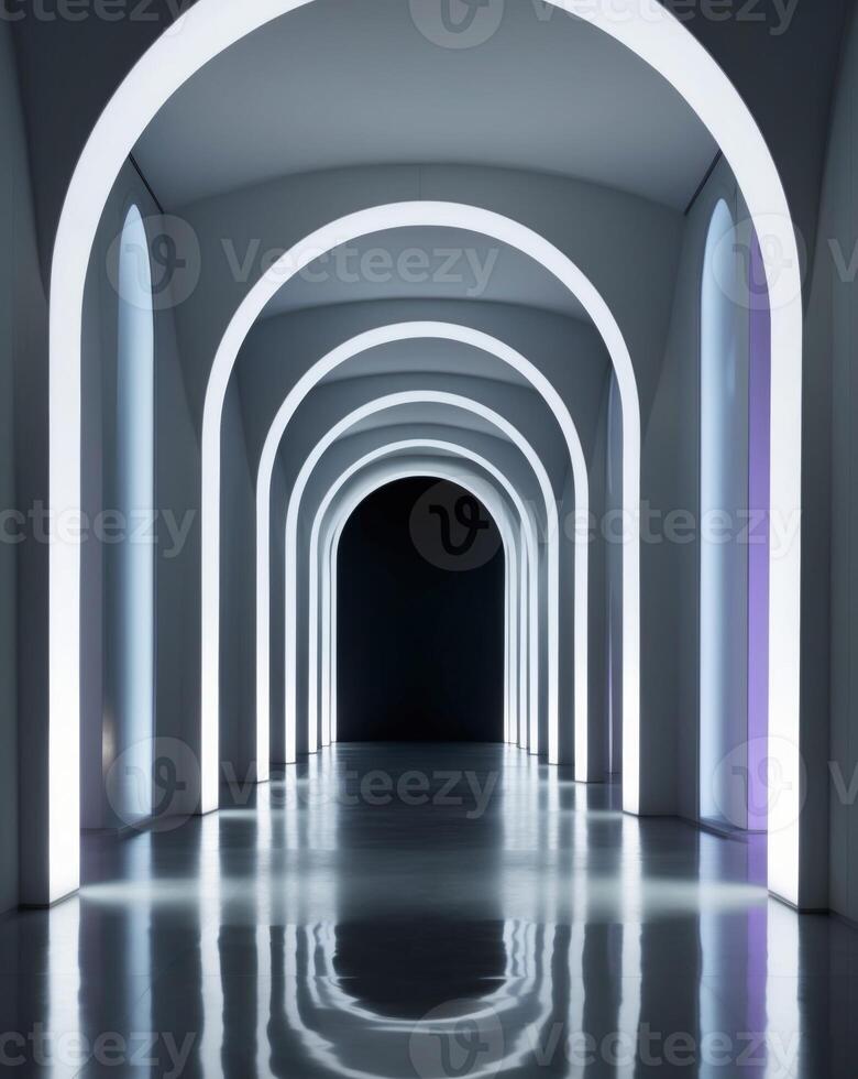 Illuminated futuristic corridor with glowing arches and a reflective floor. photo