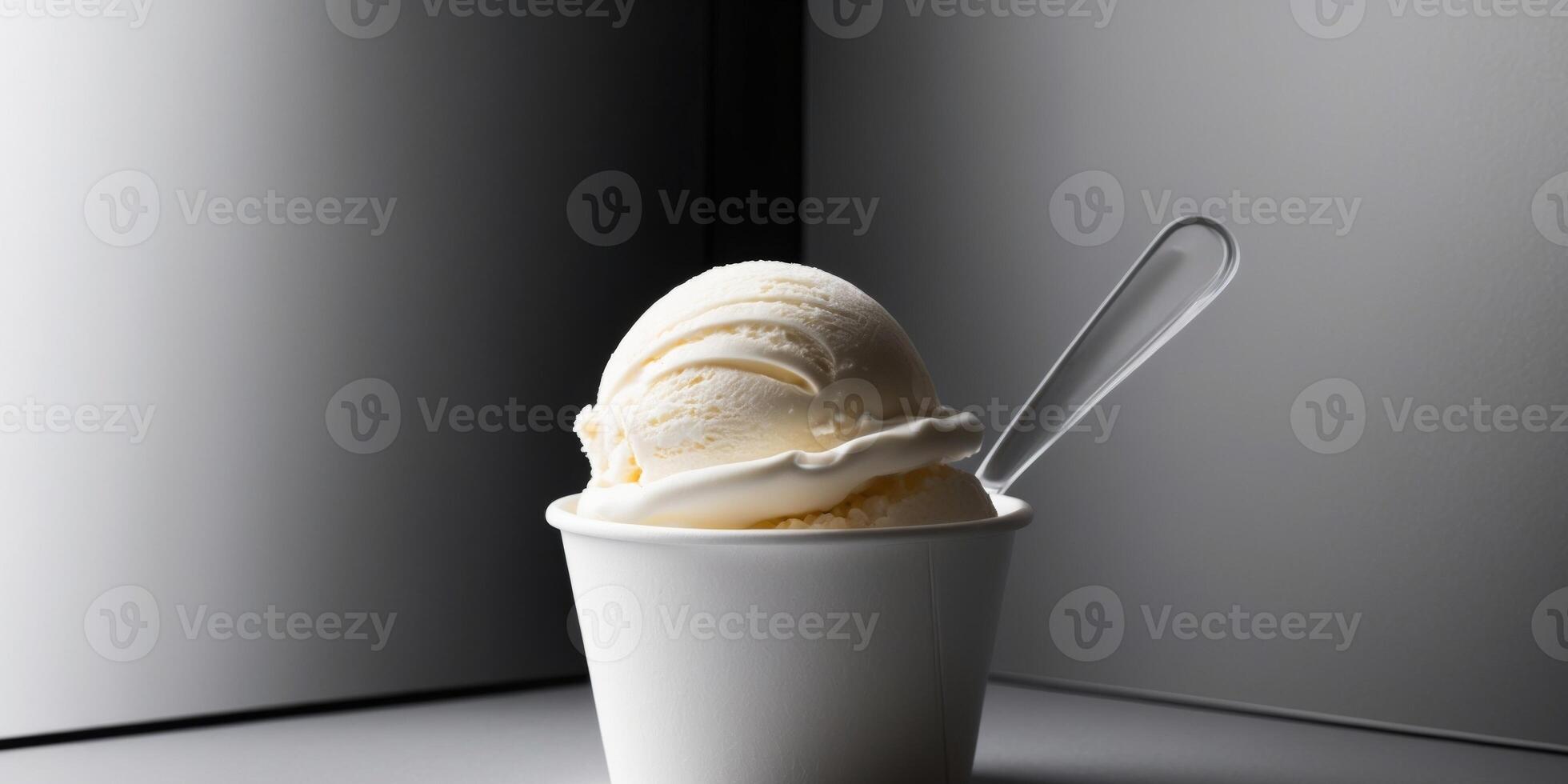 Ice cream scoop on white blank empty paper cup bowl on black background. photo