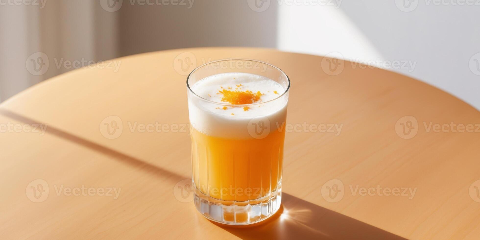 Fresh Orange Drink in a Tall Glass on Wooden Table. photo