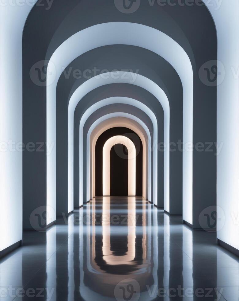 Illuminated futuristic corridor with glowing arches and a reflective floor. photo