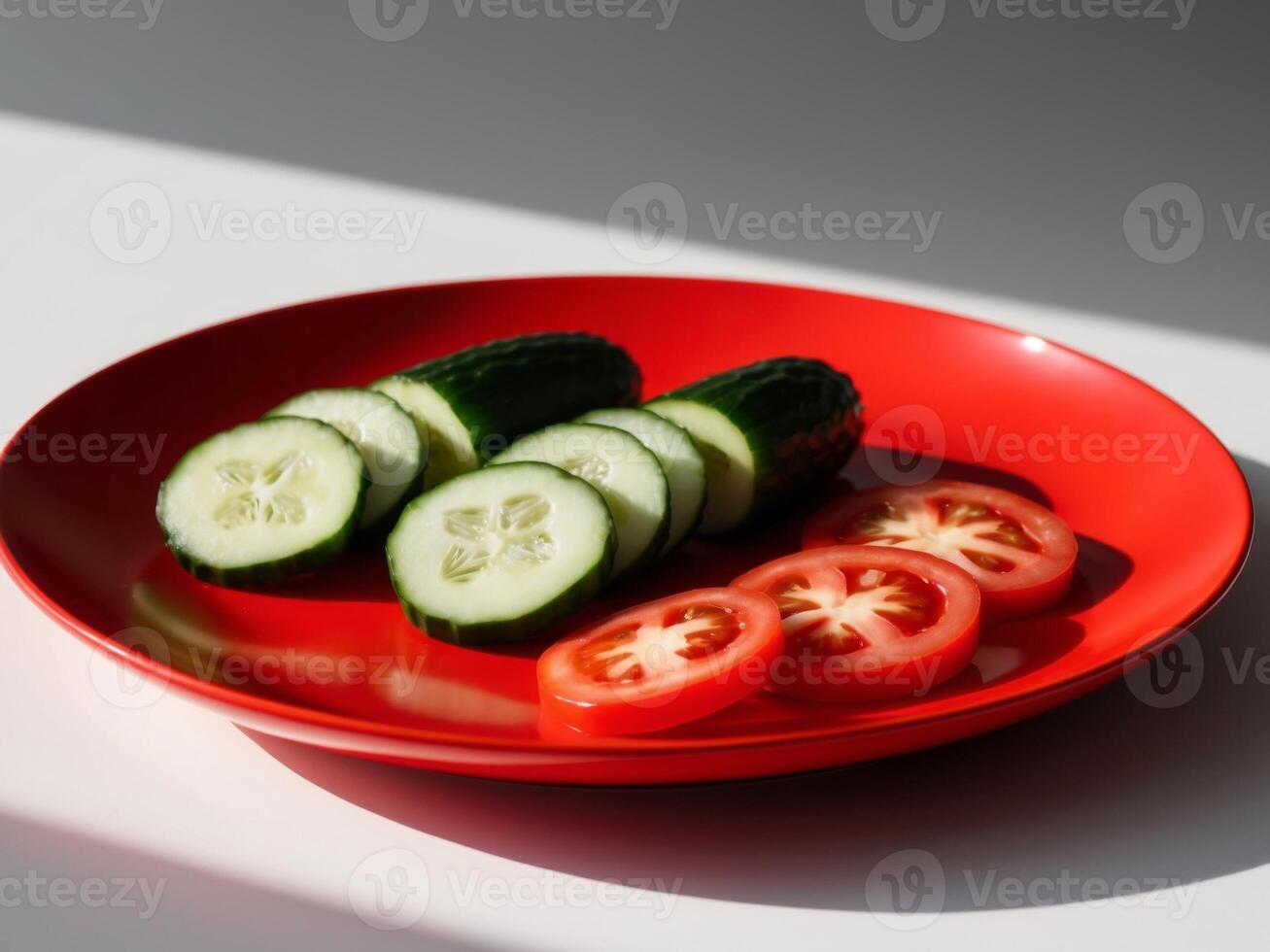 Fresh cucumber and tomato slices on red plate. photo