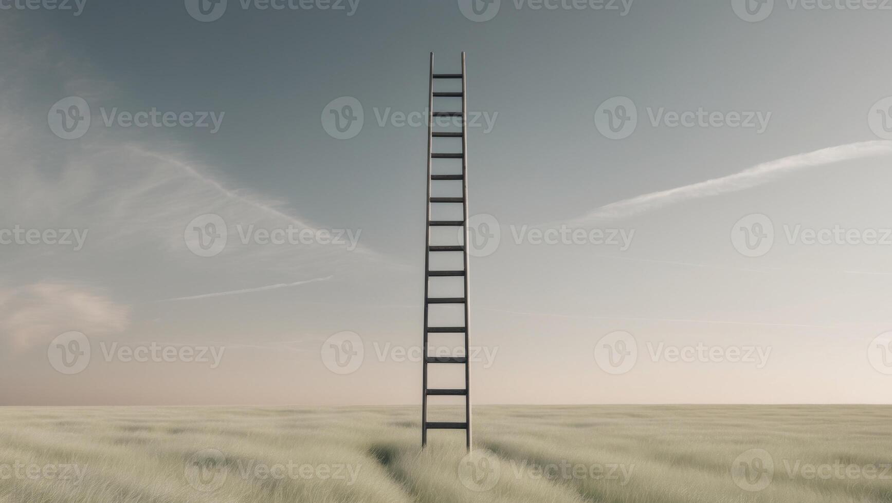 Infinite ladder reaching toward the sky amidst a vast open field. photo