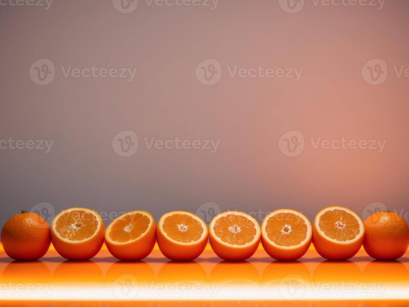 Freshly squeezed oranges sit side by side on a vibrant orange surface. photo