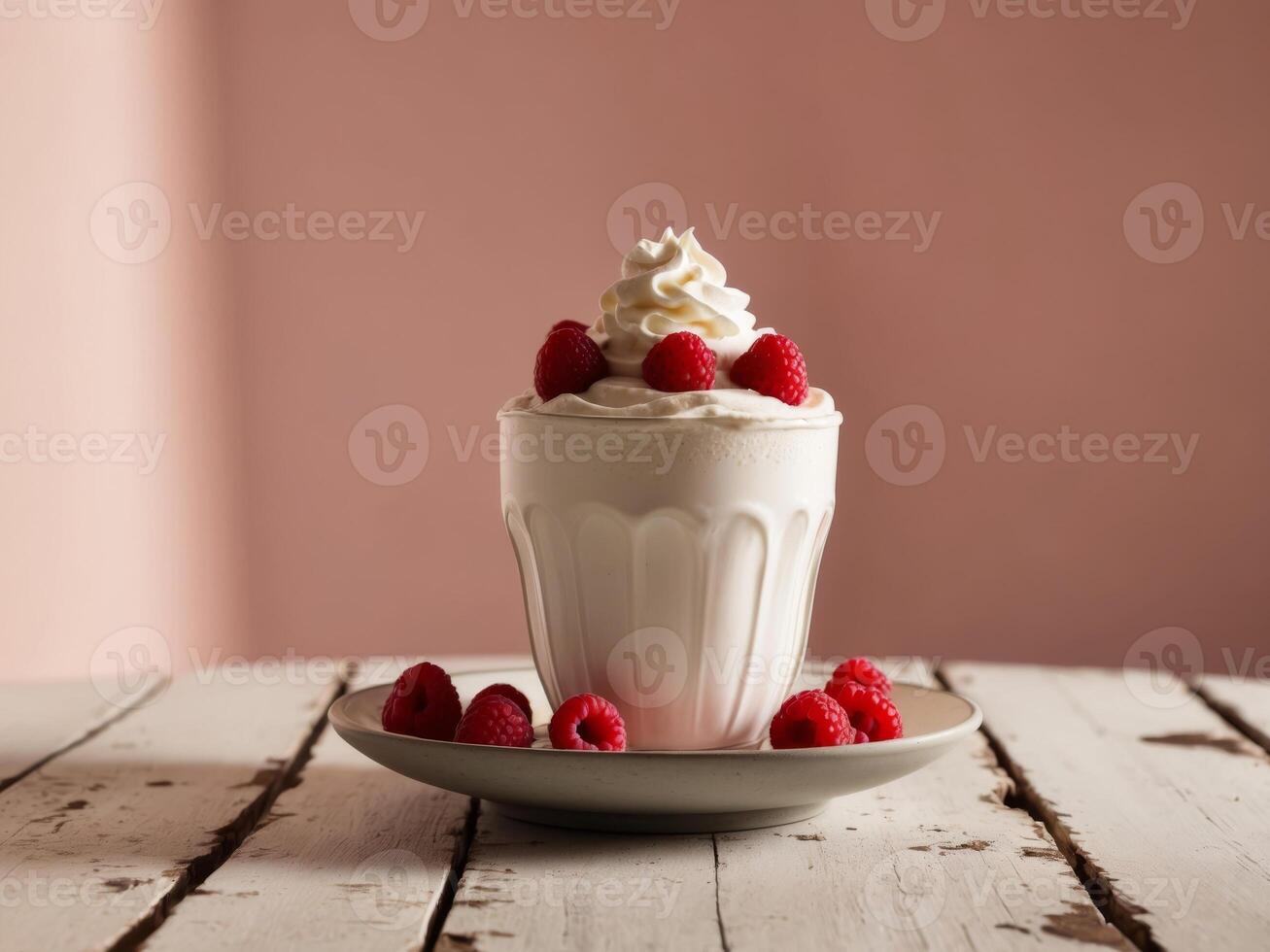 Delicious milkshake topped with whipped cream and raspberries on a rustic wooden table with a pink background. photo