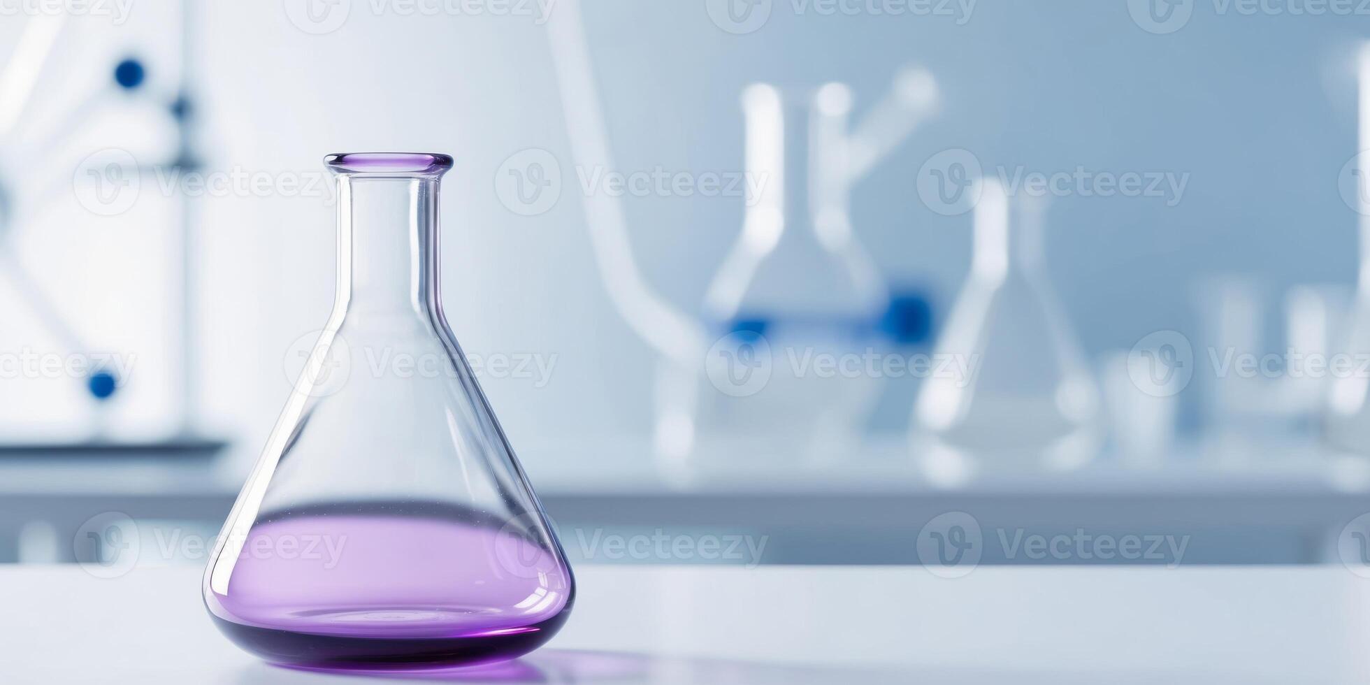 purple glass flask in blue research chemistry science banner laboratory background. photo