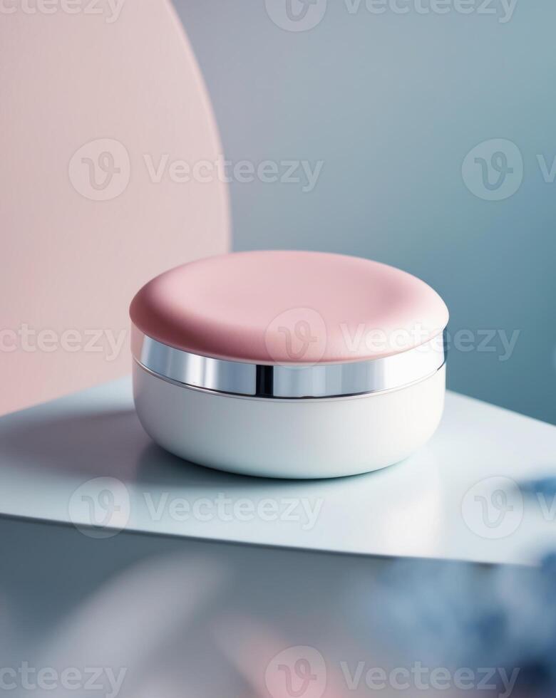 Elegant and Modern Makeup Compact with Soft Pink Lid Positioned on a Pure Blue and Pink Background for Fashion and Beauty Aesthetic Appeal. photo