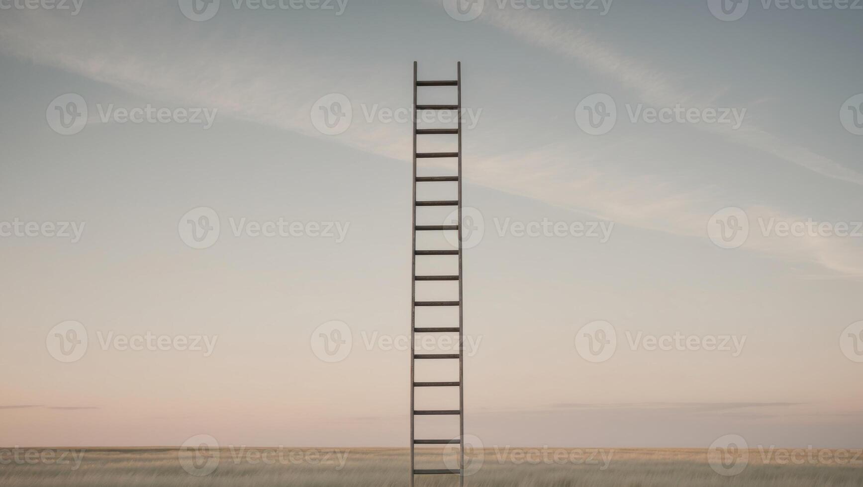 Infinite ladder reaching toward the sky amidst a vast open field. photo