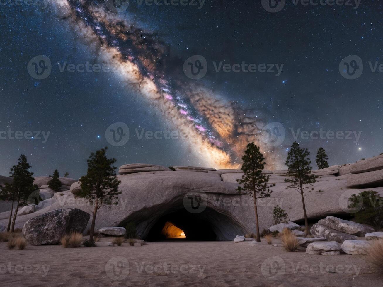 Majestic Milky Way Galaxy Illuminating Cave Entrance Under Starry Night Sky. photo