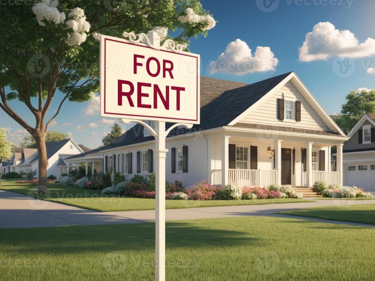 For rent sign in serene residential neighborhood during sunny afternoon. photo