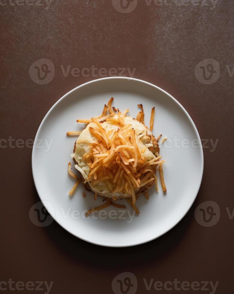 Hash Brown - Breakfast Potato Meal on White Plate with Fried Brown Background. photo
