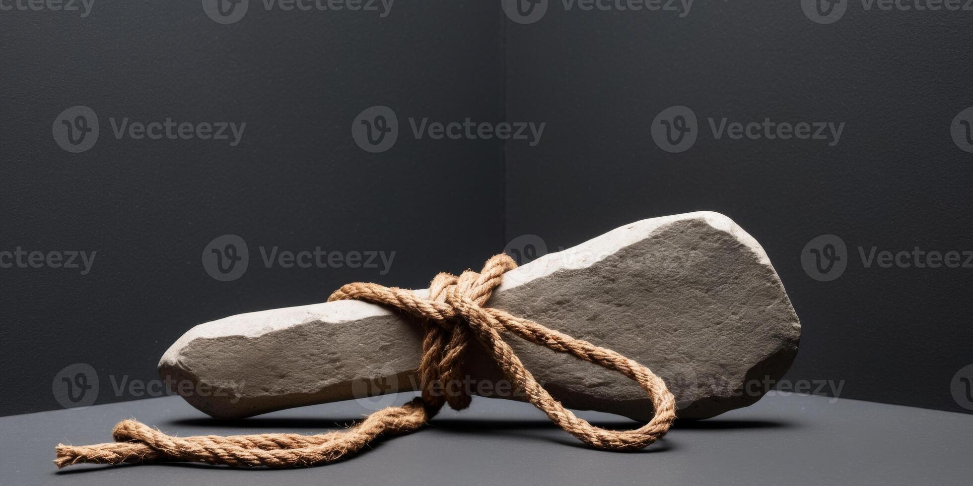 primitive stone tool tied with rope on black background. photo