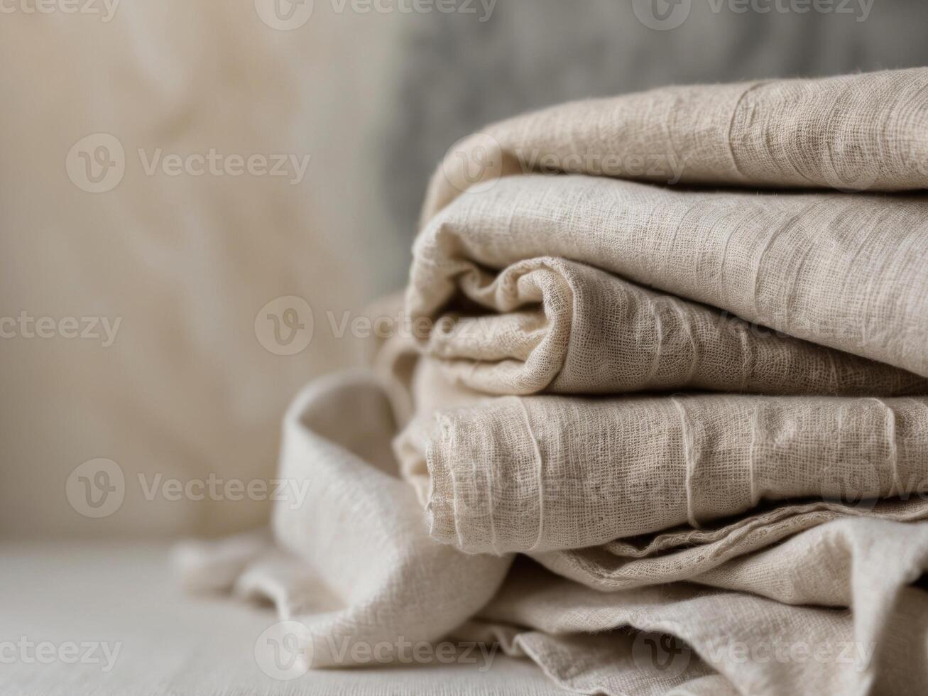 Folded rustic linen textures in neutral tones for background. photo