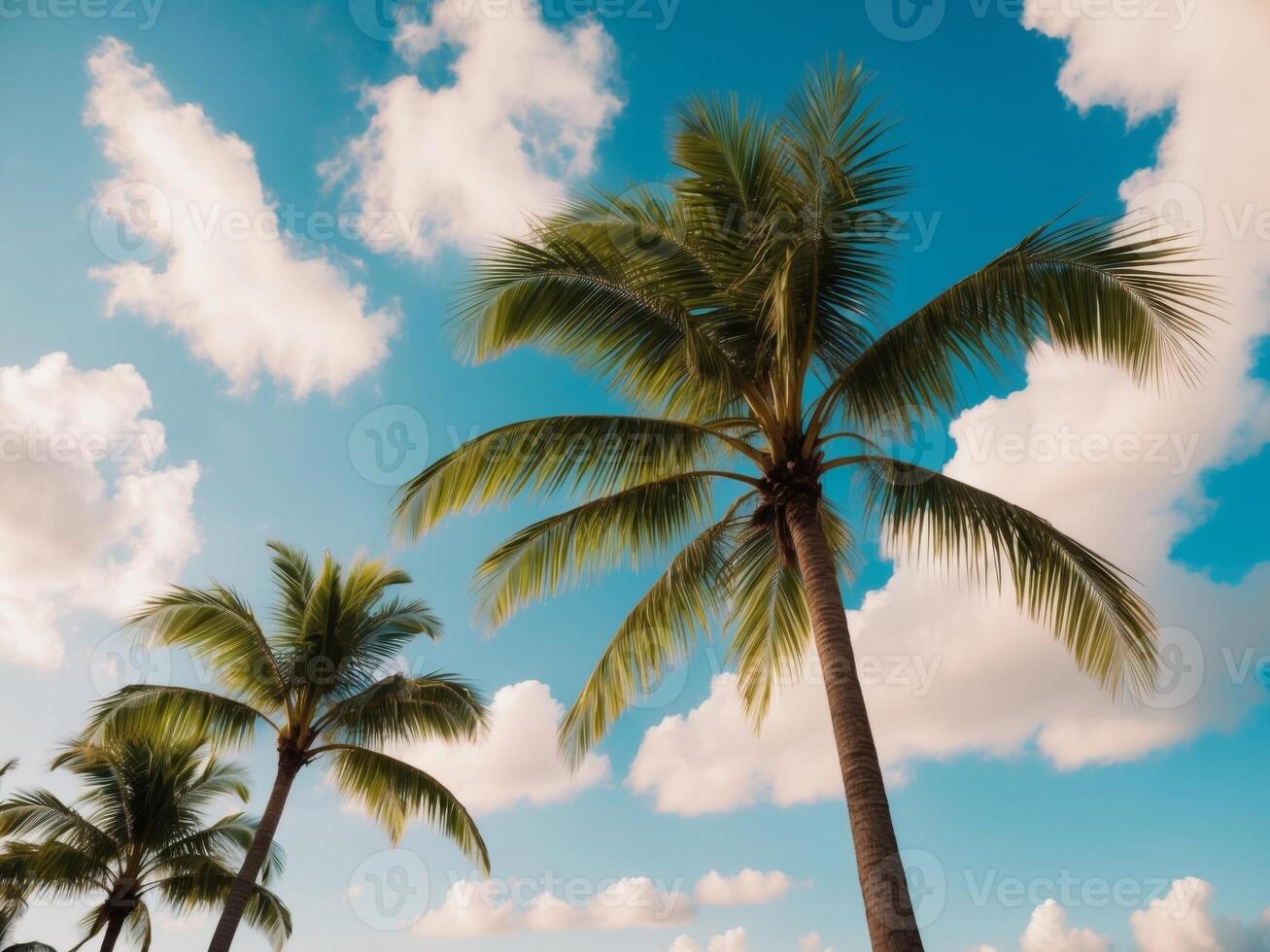 Lush palm trees under a bright azure sky with fluffy clouds creating a serene tropical atmosphere. photo