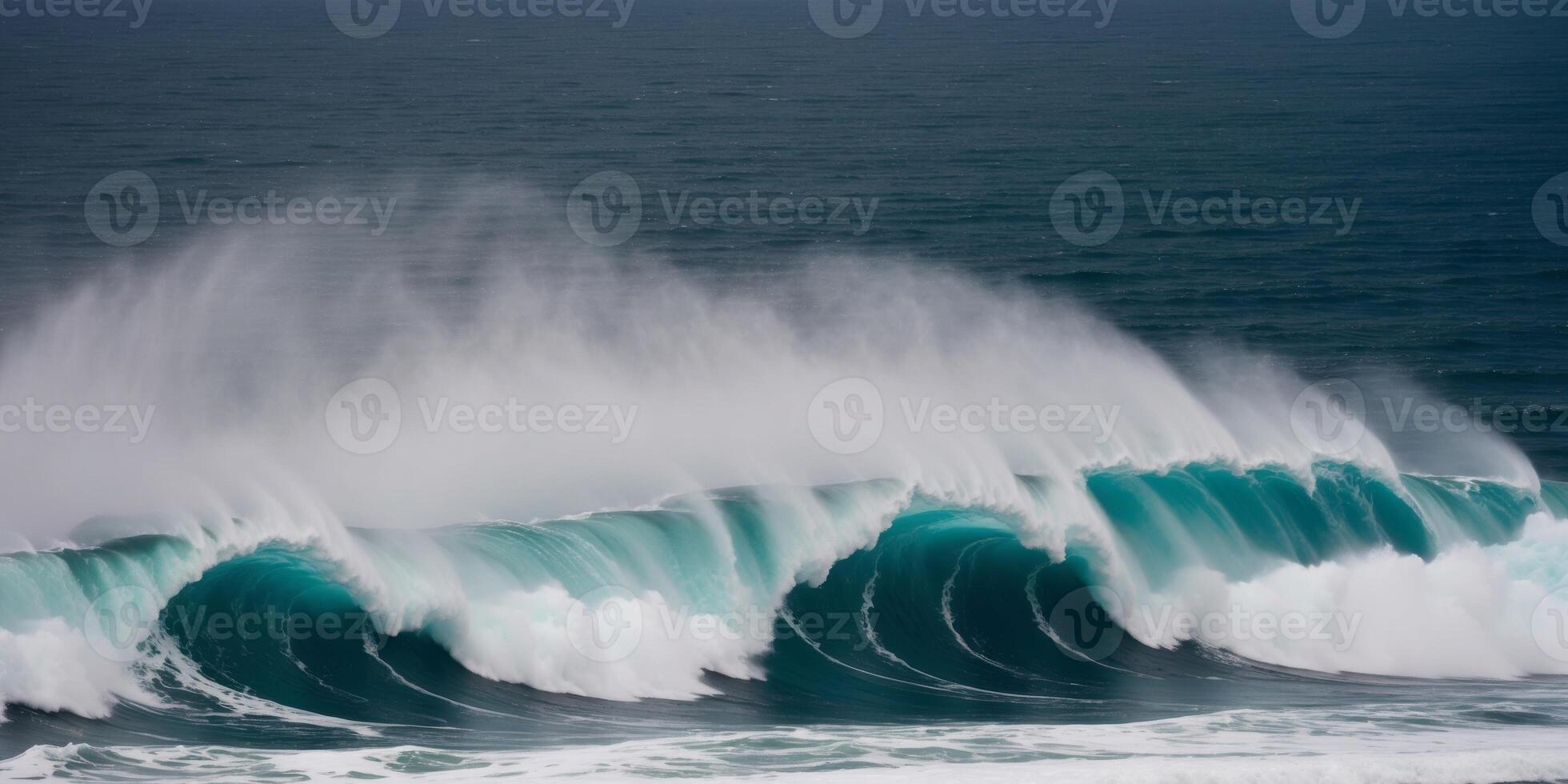 Giant waves with white foam crests are breaking over a dark blue ocean. photo