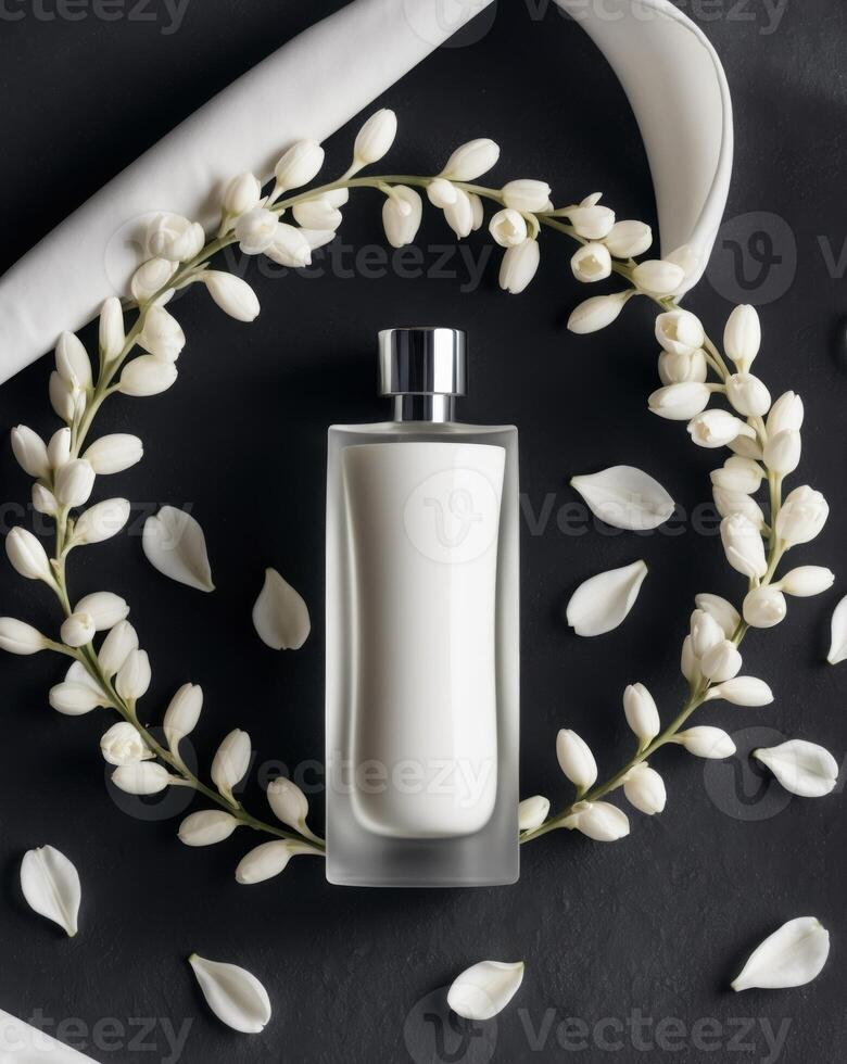 Perfume bottle on dark background surrounded by freesia flowers and petals. photo