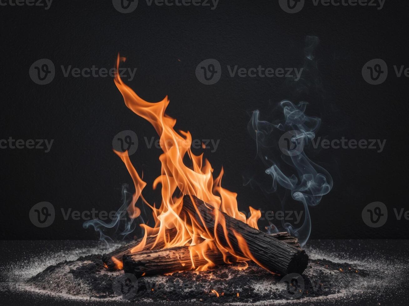 Fiery Flames and Smoldering Ashes on Dark Ground Background. photo