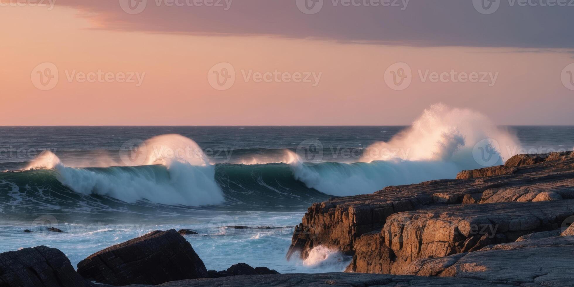 Dramatic Sunset Over Rugged Coastline With Crashing Waves. photo