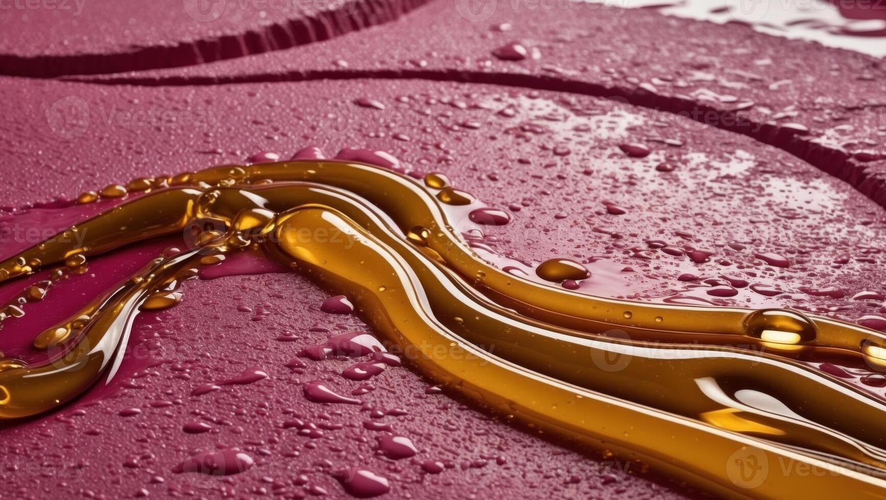 Golden liquid artfully drizzled over a pink textured base. photo