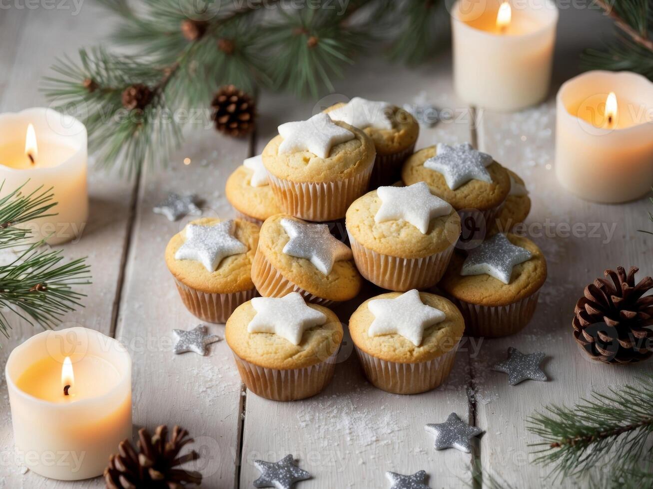 Festive muffins with pine branches and star decorations on wooden table surrounded by candles and pine cones in cozy atmosphere. photo