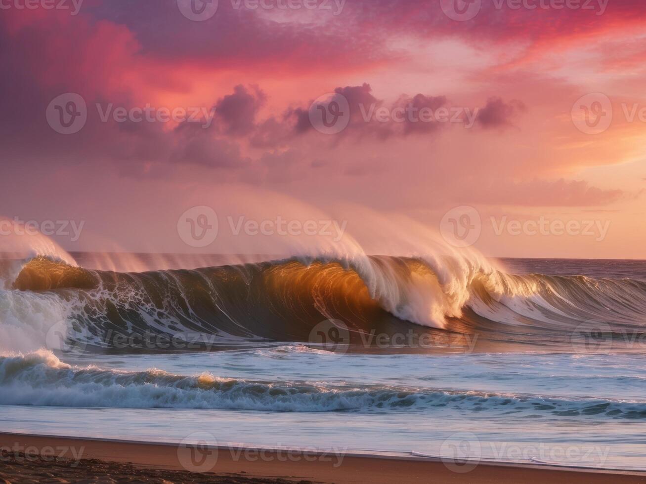 Majestic ocean waves crashing on the shore at sunset creating a dramatic coastal scene. photo