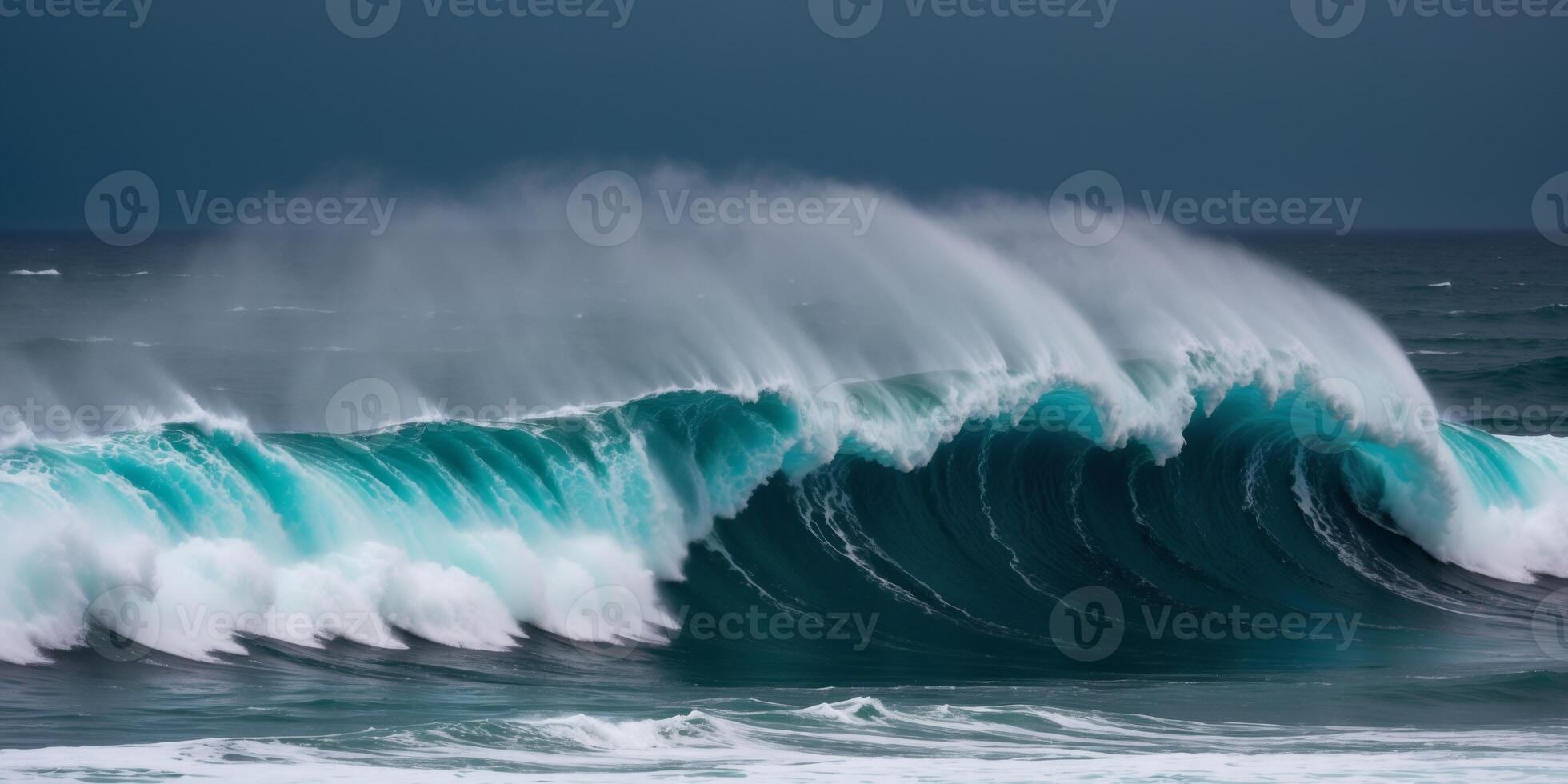 Giant waves with white foam crests are breaking over a dark blue ocean. photo
