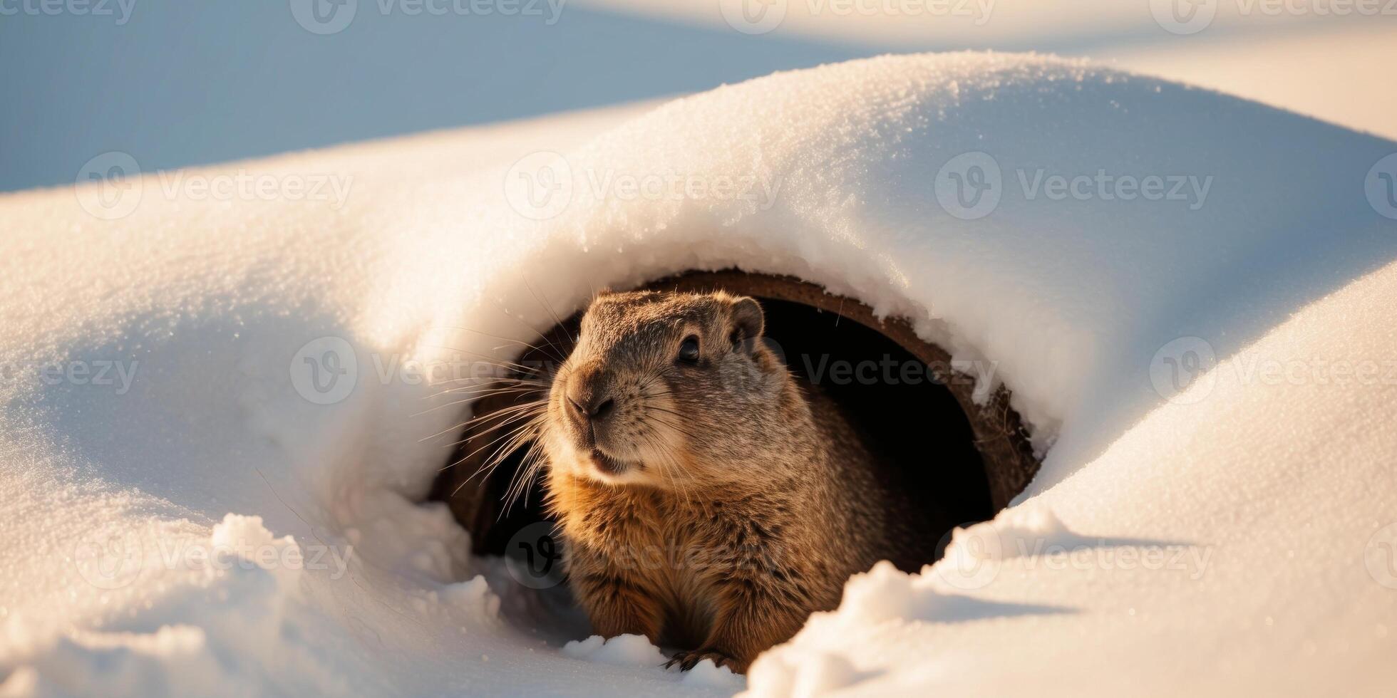 Groundhog Emerging from Snowy Burrow in Golden Light. photo