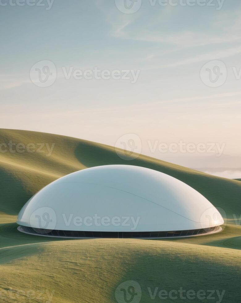 Futuristic Dome Structure Nestled Among Rolling Hillsides in a Serene Landscape During Golden Hour with Soft Natural Light and Elegant Curvature. photo