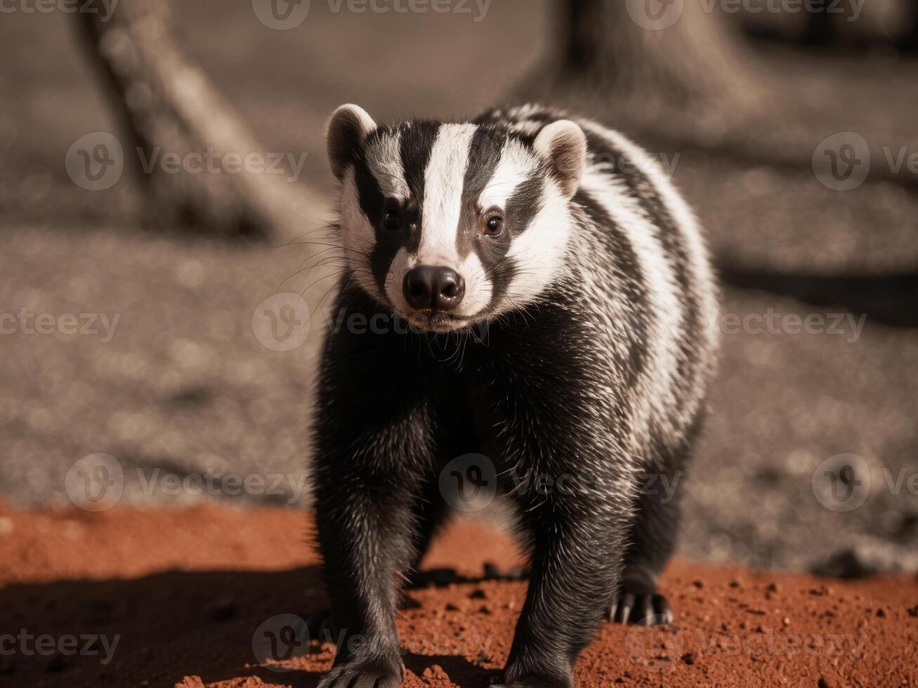 Honey badger stand on soil in natural habitat. photo