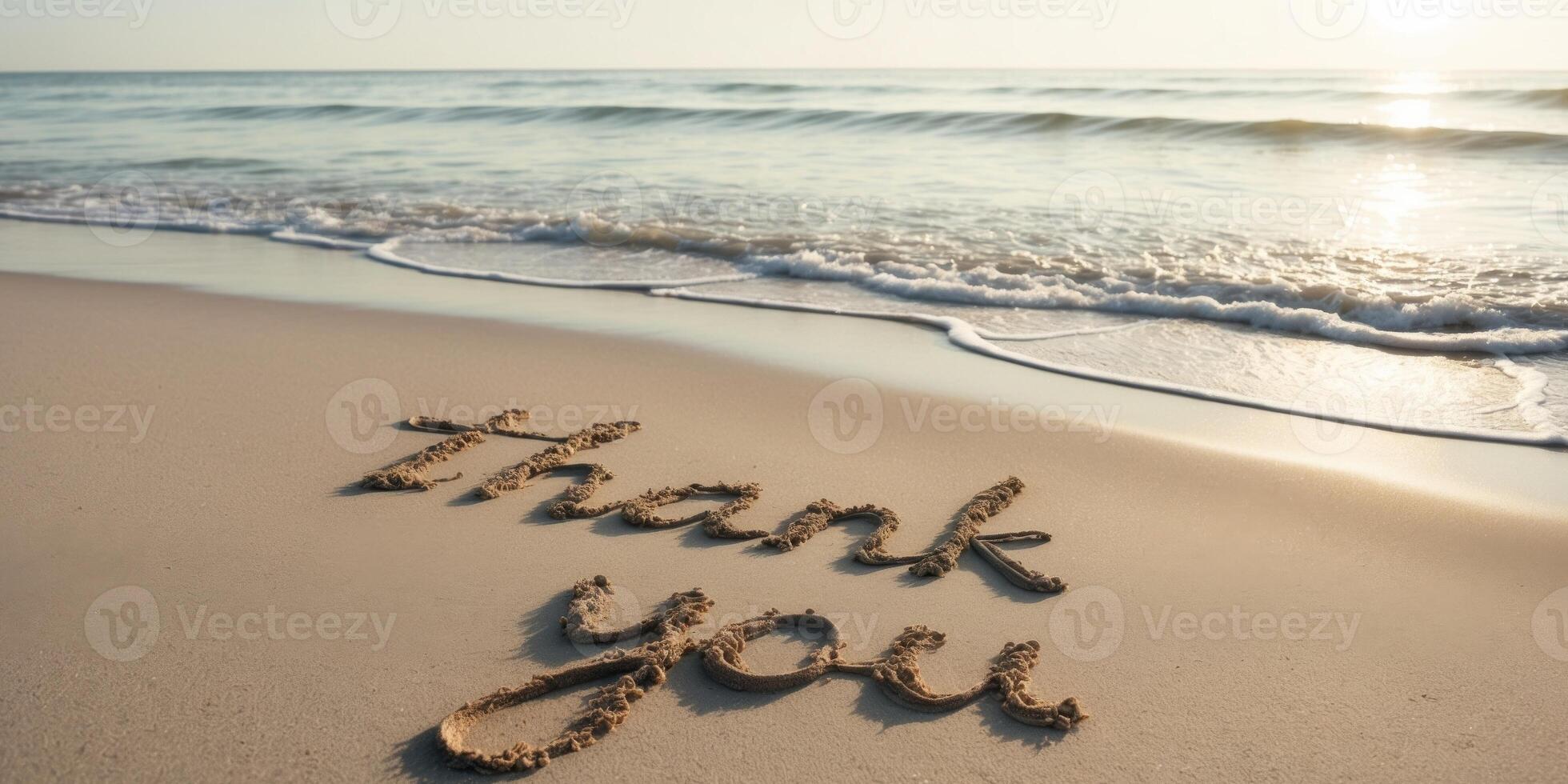 Thank You Sand Writing on Beach Shore with Gentle Waves and Foam Under Bright Sunlight Creating a Relaxing Coastal Atmosphere for Gratitude Expression. photo