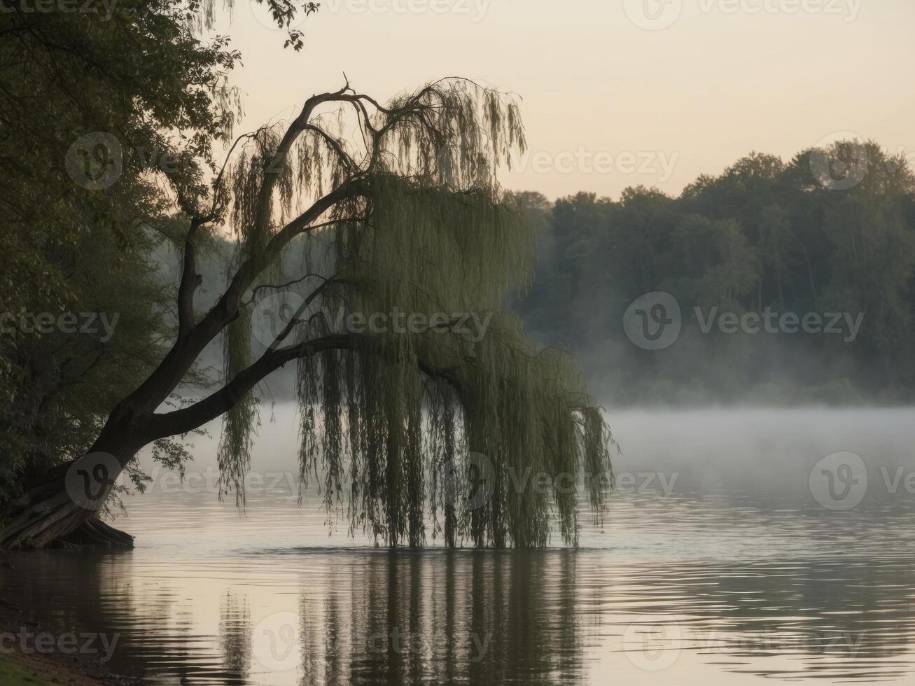 Scenic Lake Landscape with Majestic Willow. photo