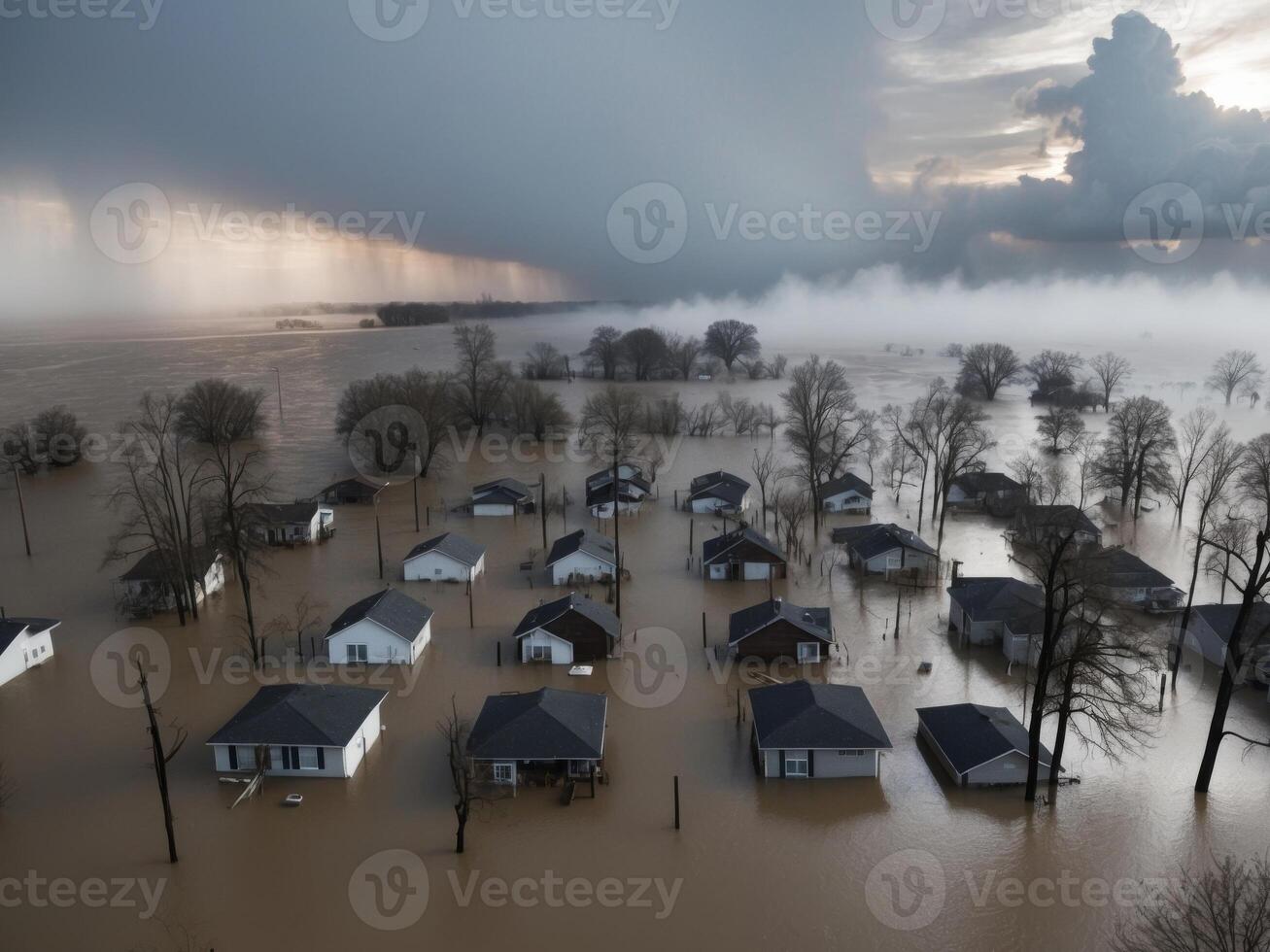 Aerial view of a residential area affected by flooding with houses and trees submerged in water. photo
