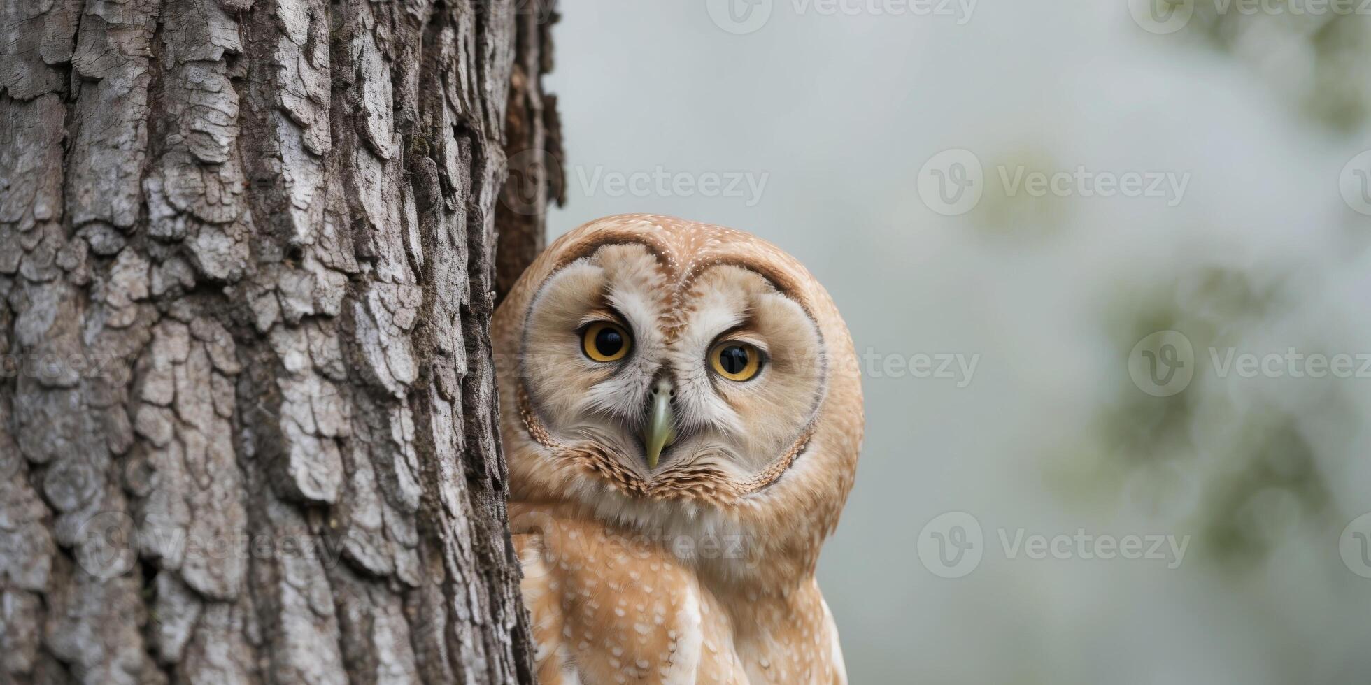 A close up of an owl peeking out from behind a tree. photo