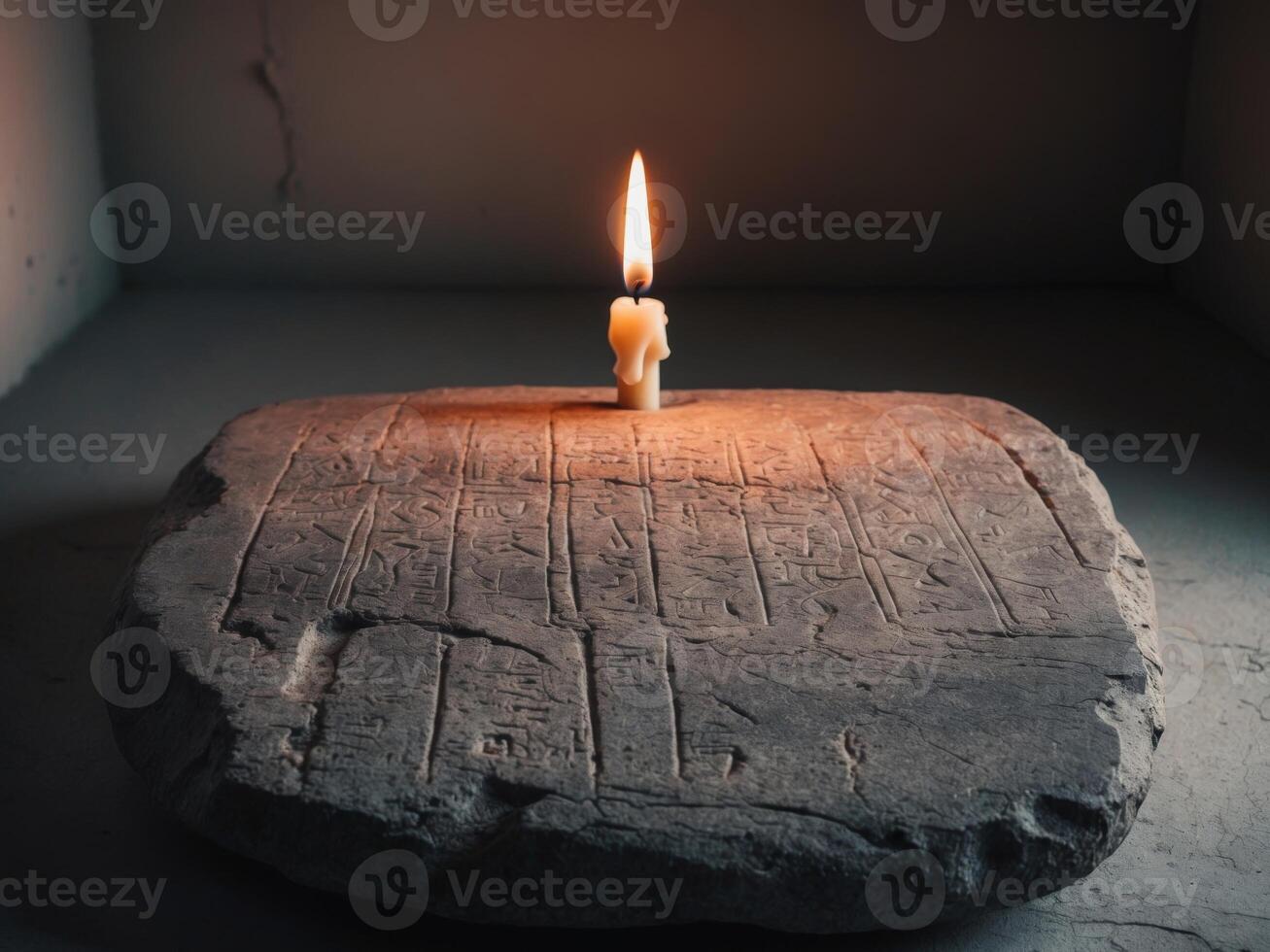 Ancient Stone Tablet with Candle in Dim Light. photo