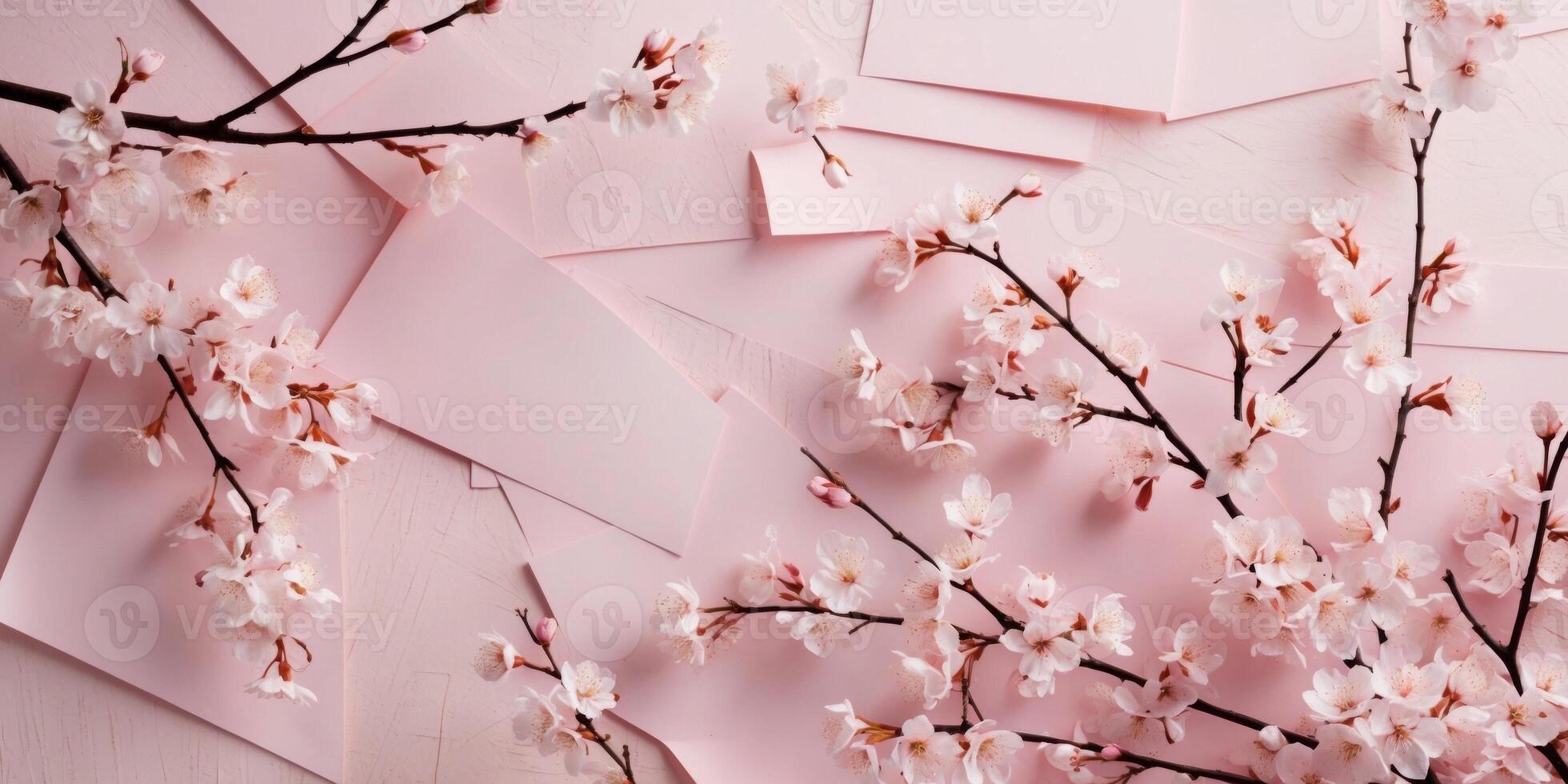 Soft pastel pink background adorned with delicate cherry blossoms in full bloom creating a serene and tranquil atmosphere. photo
