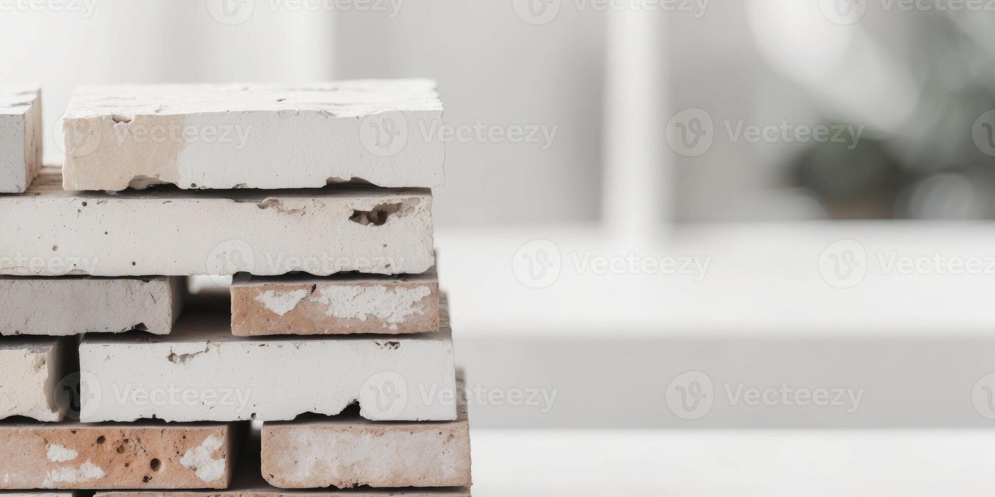Stacked bricks in neutral tones showcasing texture and wear. photo