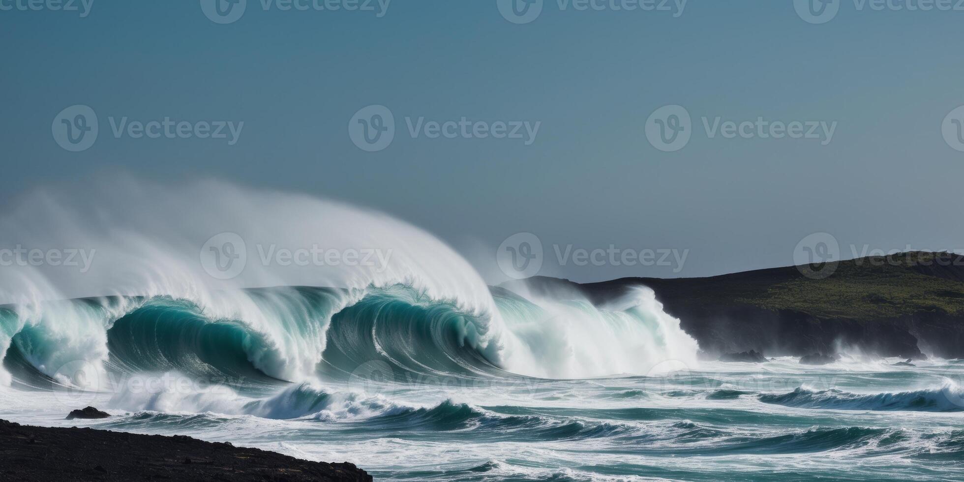 Volcanic Island Waves Waves crashing near a volcanic island with. photo