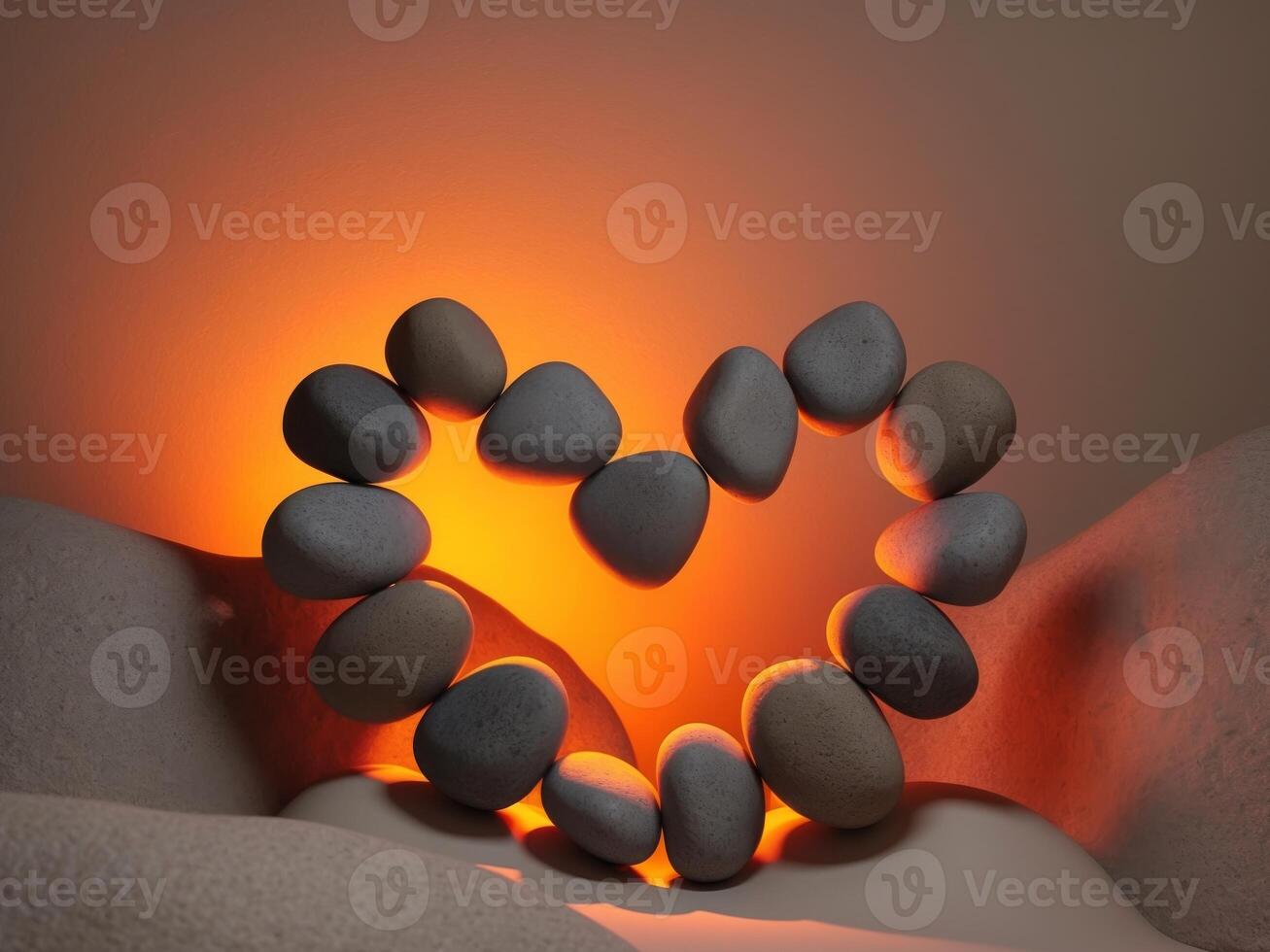 A heart made of rocks is lit up with an orange light. photo