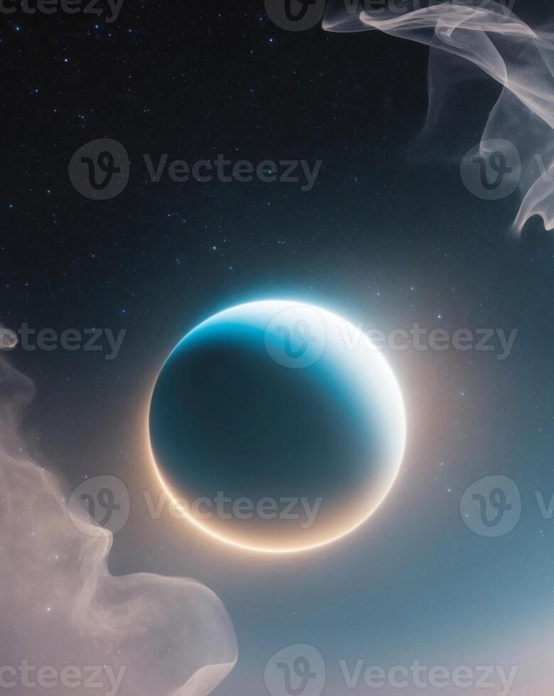 Serene Blue Planet Floating in Starry Universe with Glowing Atmosphere. photo